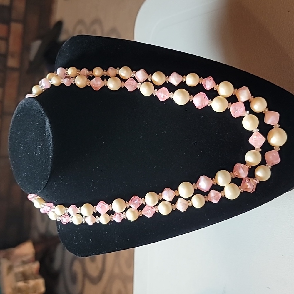 Necklace 2strand faux pearl and pink faceted beads 9.5" drop MCM costume